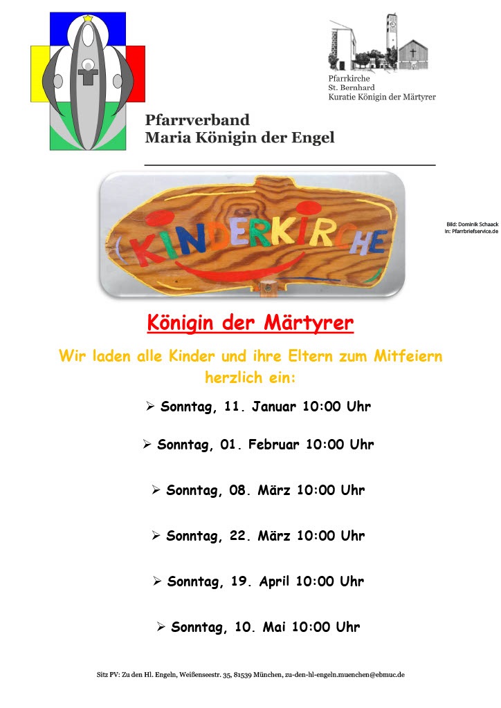 Termine für die Kinderkirche Königin der Märtyrer 2026