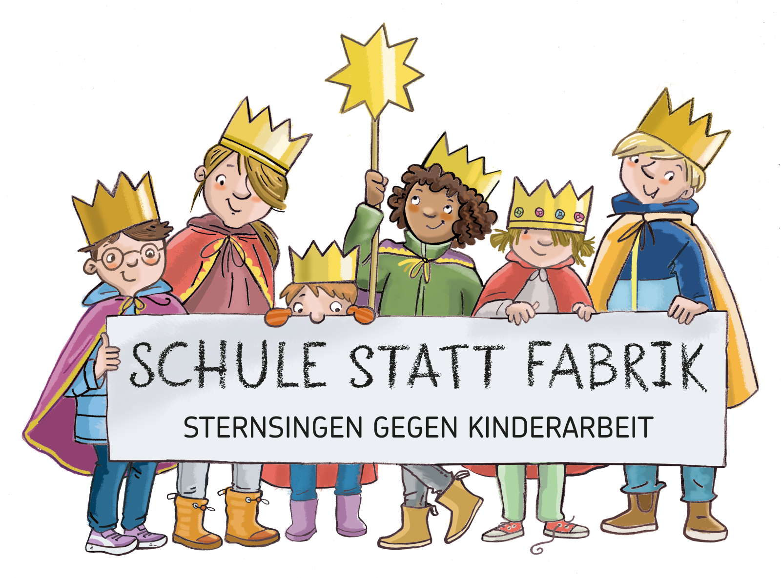 Grafik: Sternsinger tragen Banner ,Schule statt Fabrik'