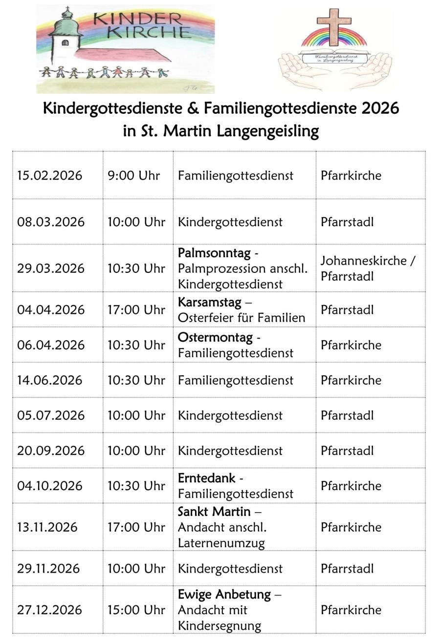 Kindergottesdienste & Familiengottesdienste 2026<br/>in St. Martin Langengeisling