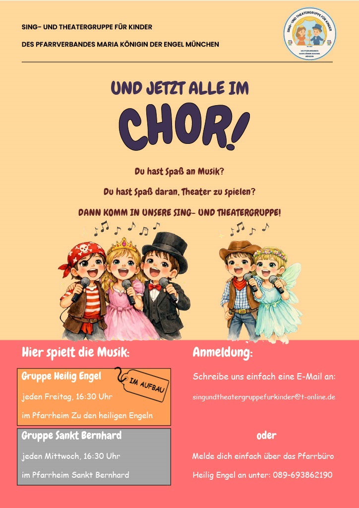 Flyer Kinderchor und Theatergruppe für den PV Maria Königin der Engel