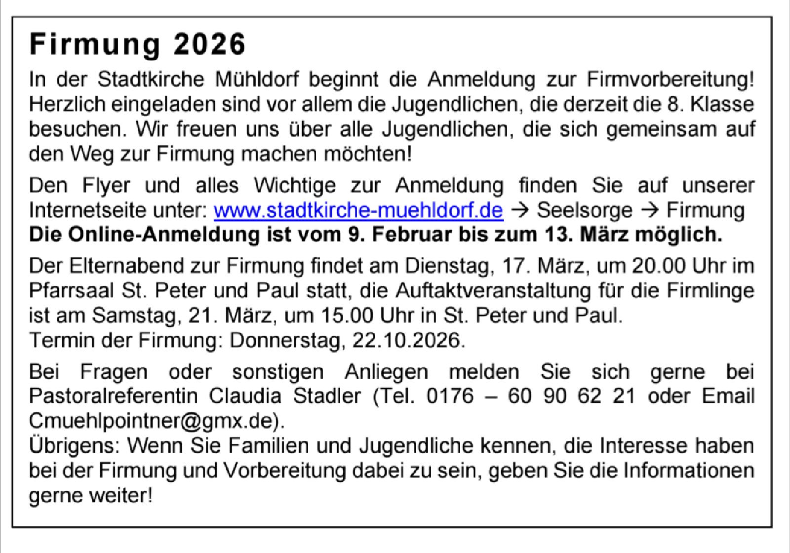 Bekanntmachung Anmeldung zur Firmung 2026 in der Stadtkirche Mühldorf und Folgetermine