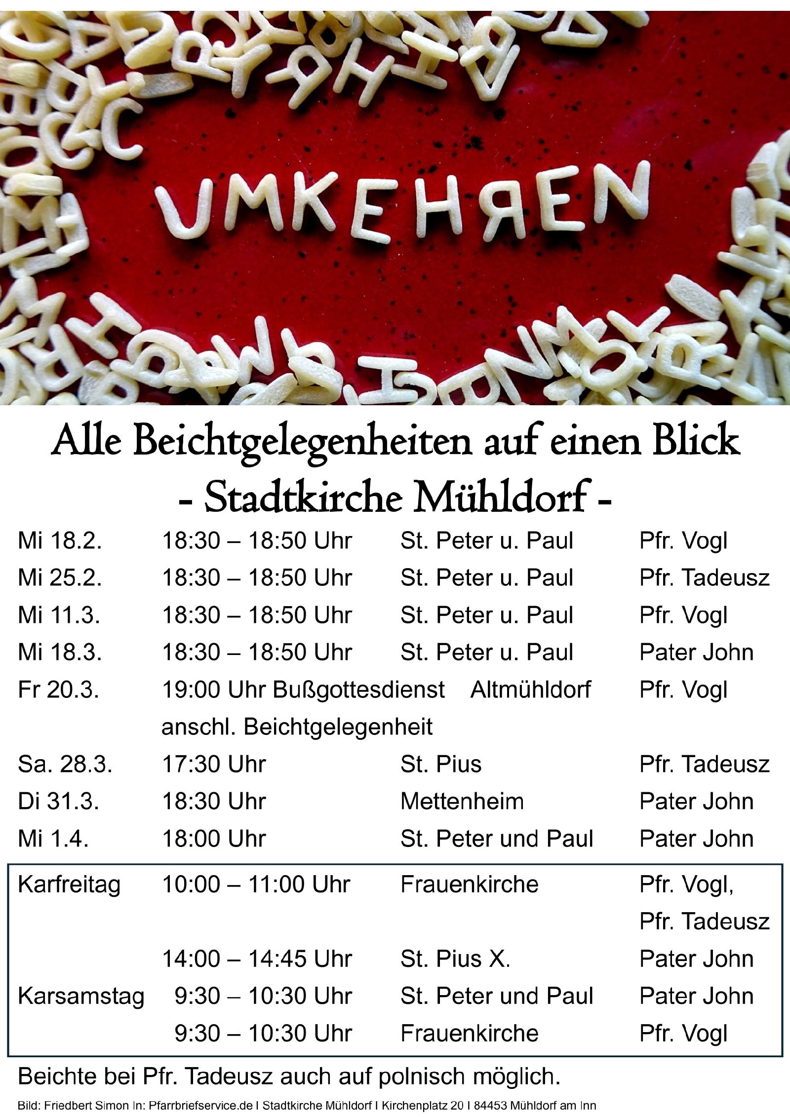 Übersicht Beichtgelegenheiten Ostern