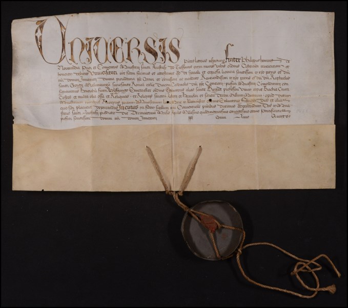 Urkunde über die Schenkung von Reliquien durch das römische Zisterzienserkloster Tre Fontane an das Kloster Altomünster, 1488