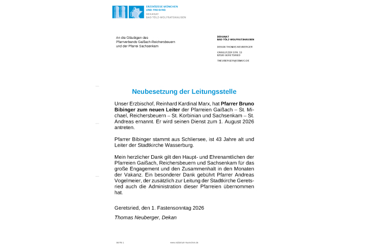 Bekanntmachung für den Pfarrverband Gaißach-Reichersbeuern