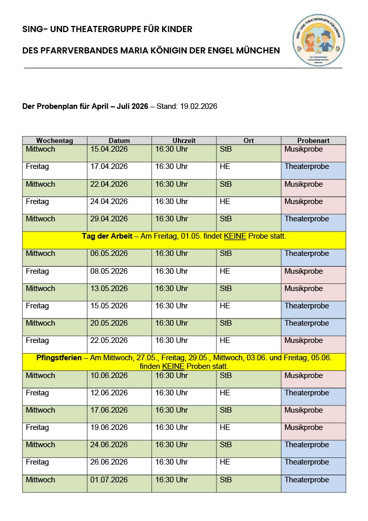 Probenplan Musical PV Maria Königin der Märtyrer