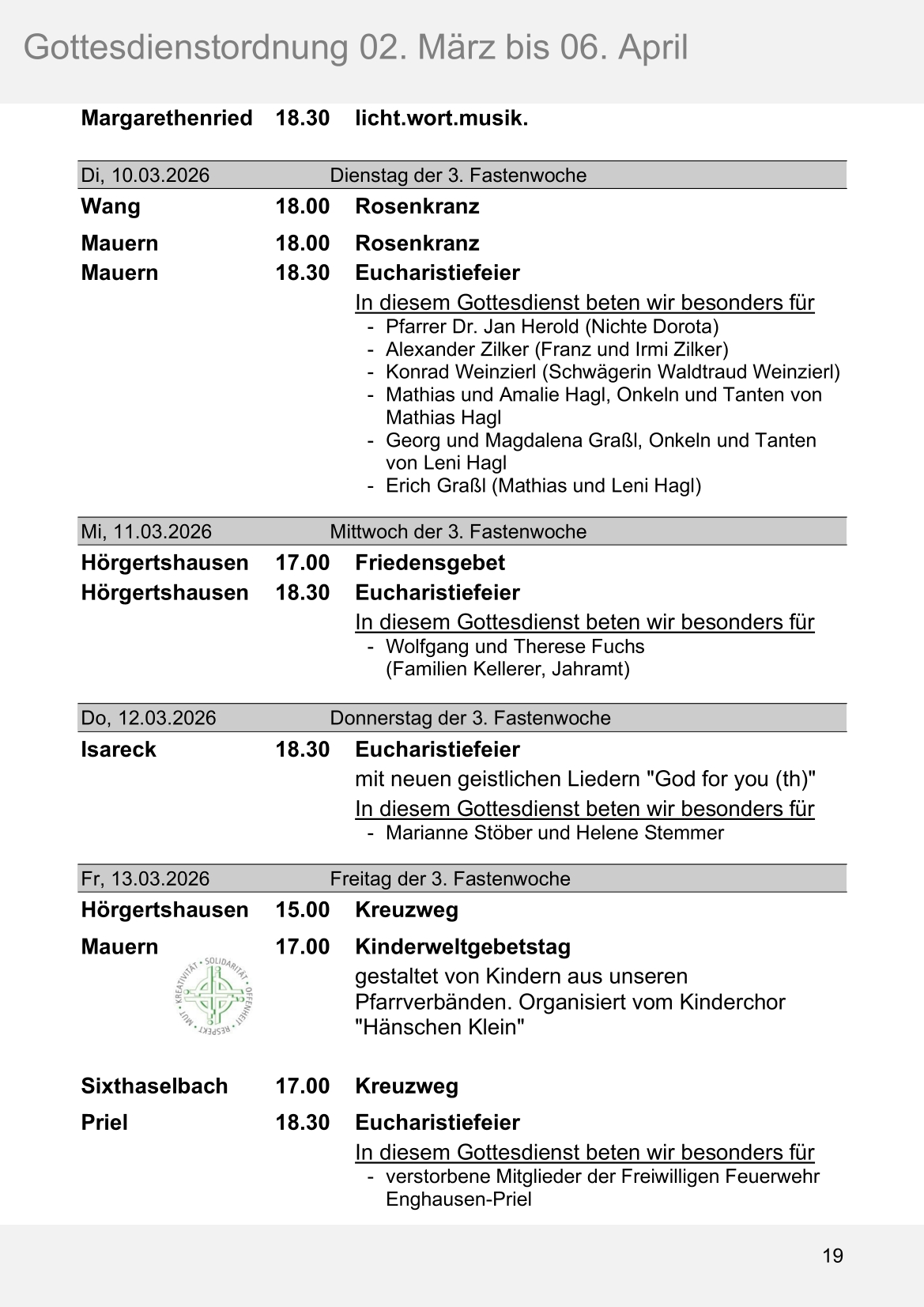 Pfarrblatt für die Pfarrverbände Hörgertshausen-Gammelsdorf und Mauern 02.März bis 06.April 2026 Seite 19