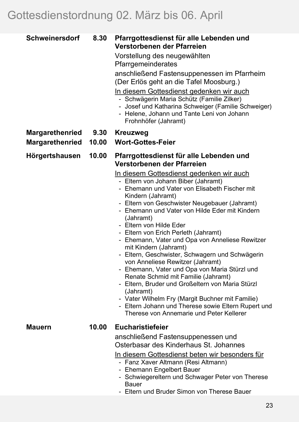 Pfarrblatt für die Pfarrverbände Hörgertshausen-Gammelsdorf und Mauern 02.März bis 06.April 2026 Seite 23