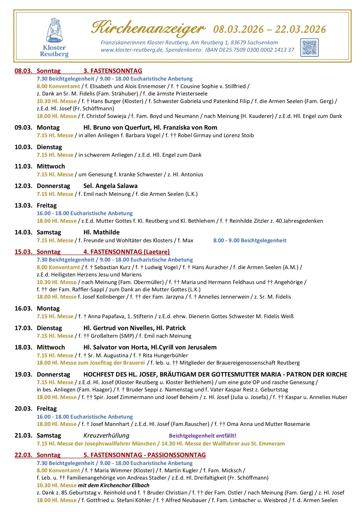 Kirchenzettel Kloster Reutberg 08.03.26 - 22.03.26