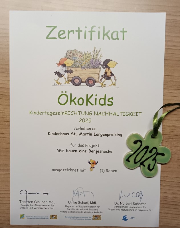Urkunde der Auszeichnung des Kinderhauses von Ökokids