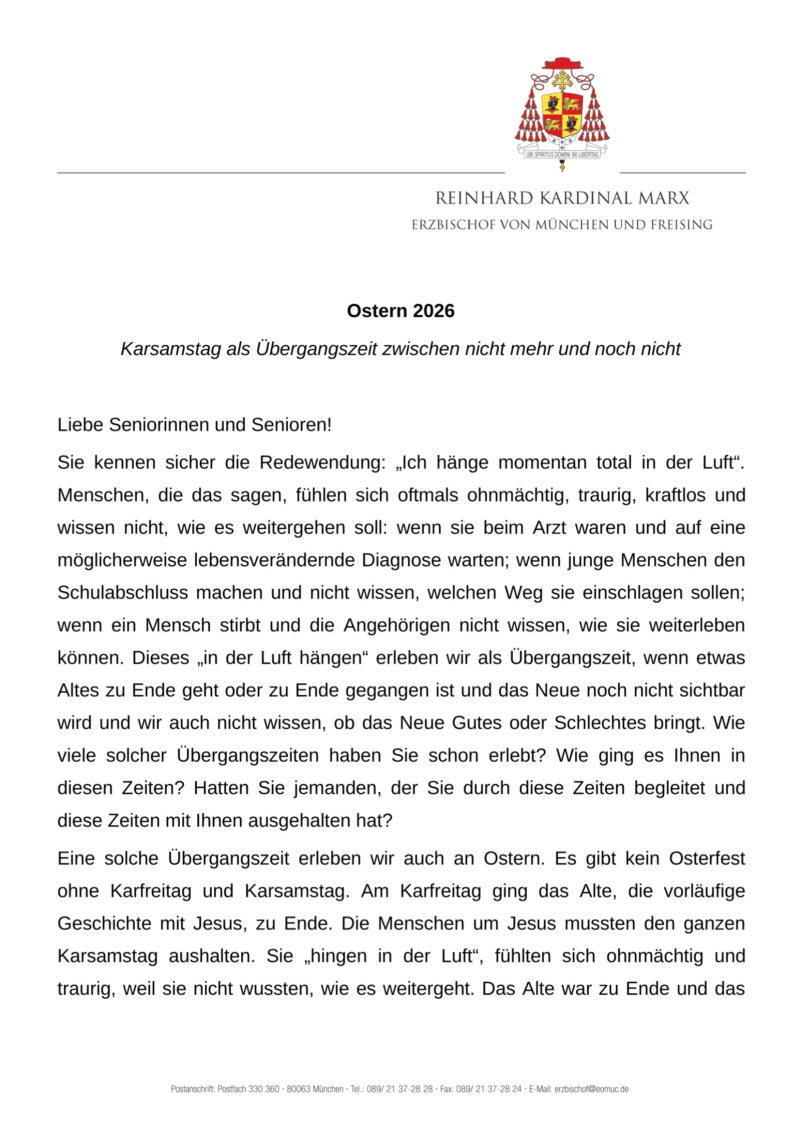 Brief des Erzbischofs zum Osterfest an die Seniorinnen und Senioren