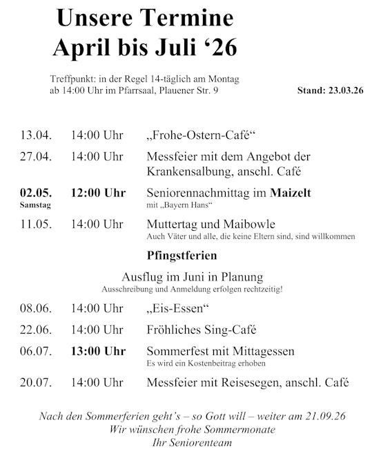 Terminliste für den Seniorentreff ab April 2026