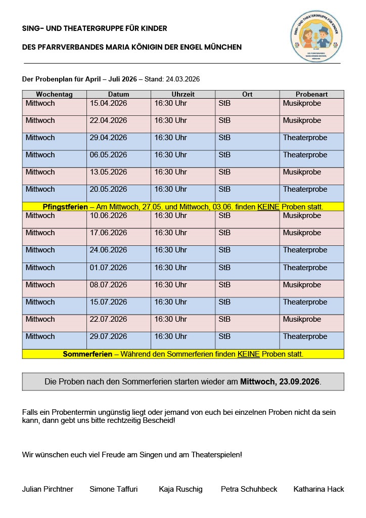 Probenplan April bis Juli 2026 Sing und Theatergruppe für Kinder