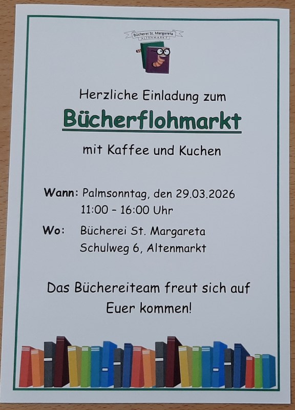 Hinweisplakat zum Bücherflohmarkt "Altenmarkt blüht auf"
