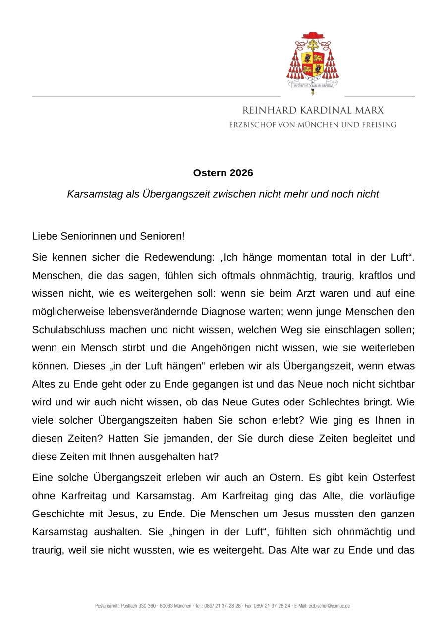 Brief zum Osterfest von Erzbischof Reinhard Kardinal Marx an die im Erzbistum lebenden Seniorinnen und Senioren