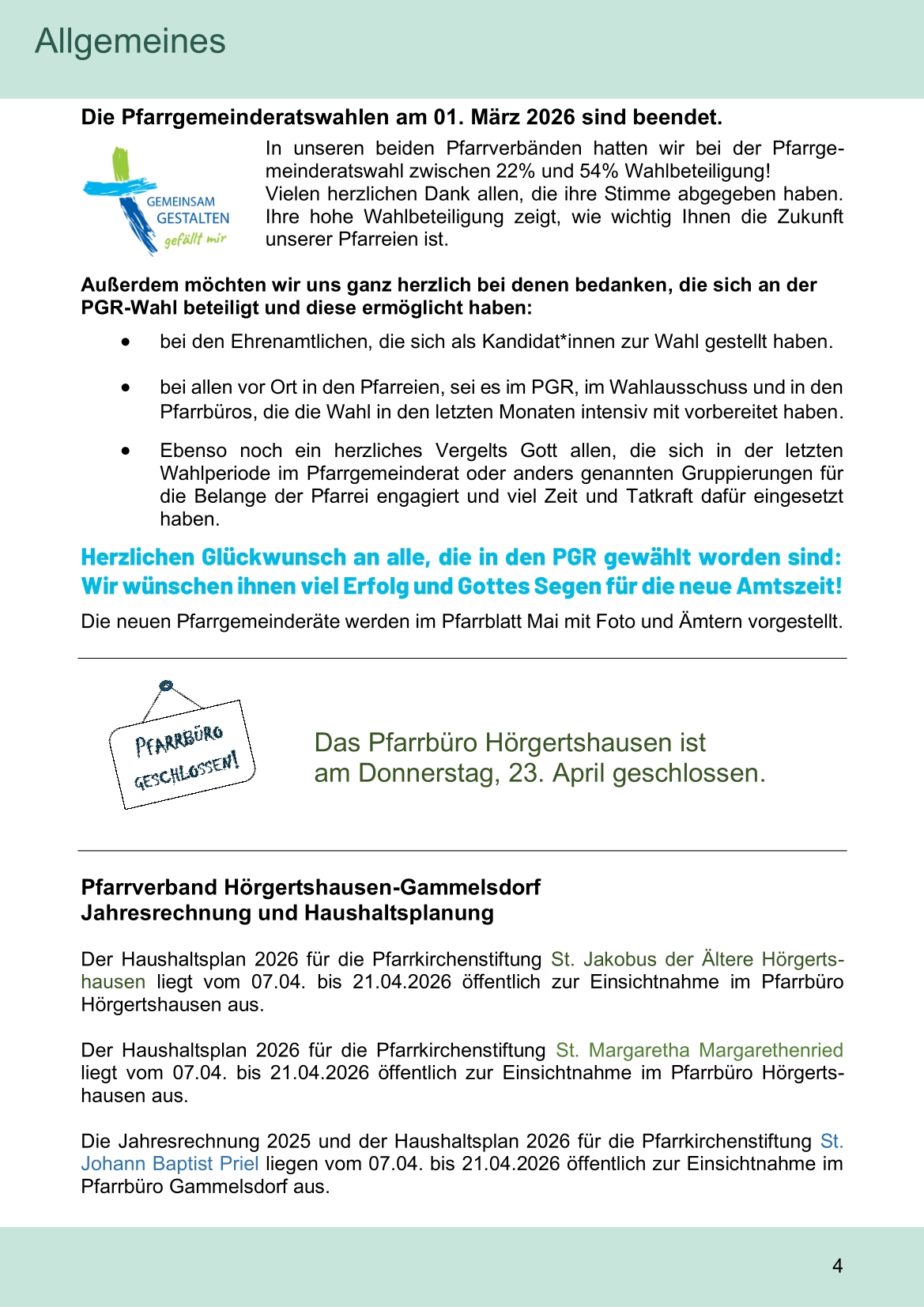 Pfarrblatt für die Pfarrverbände Hörgertshausen-Gammelsdorf und Mauern 04.April bis 03.Mai 2026 Seite 04
