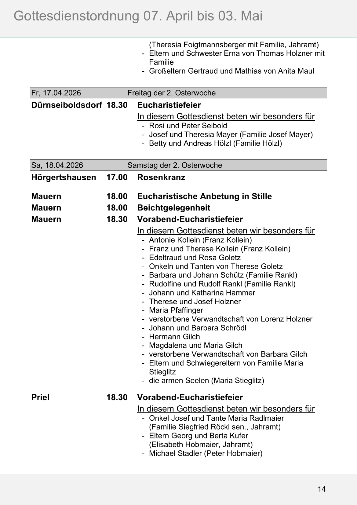 Pfarrblatt für die Pfarrverbände Hörgertshausen-Gammelsdorf und Mauern 04.April bis 03.Mai 2026 Seite 14