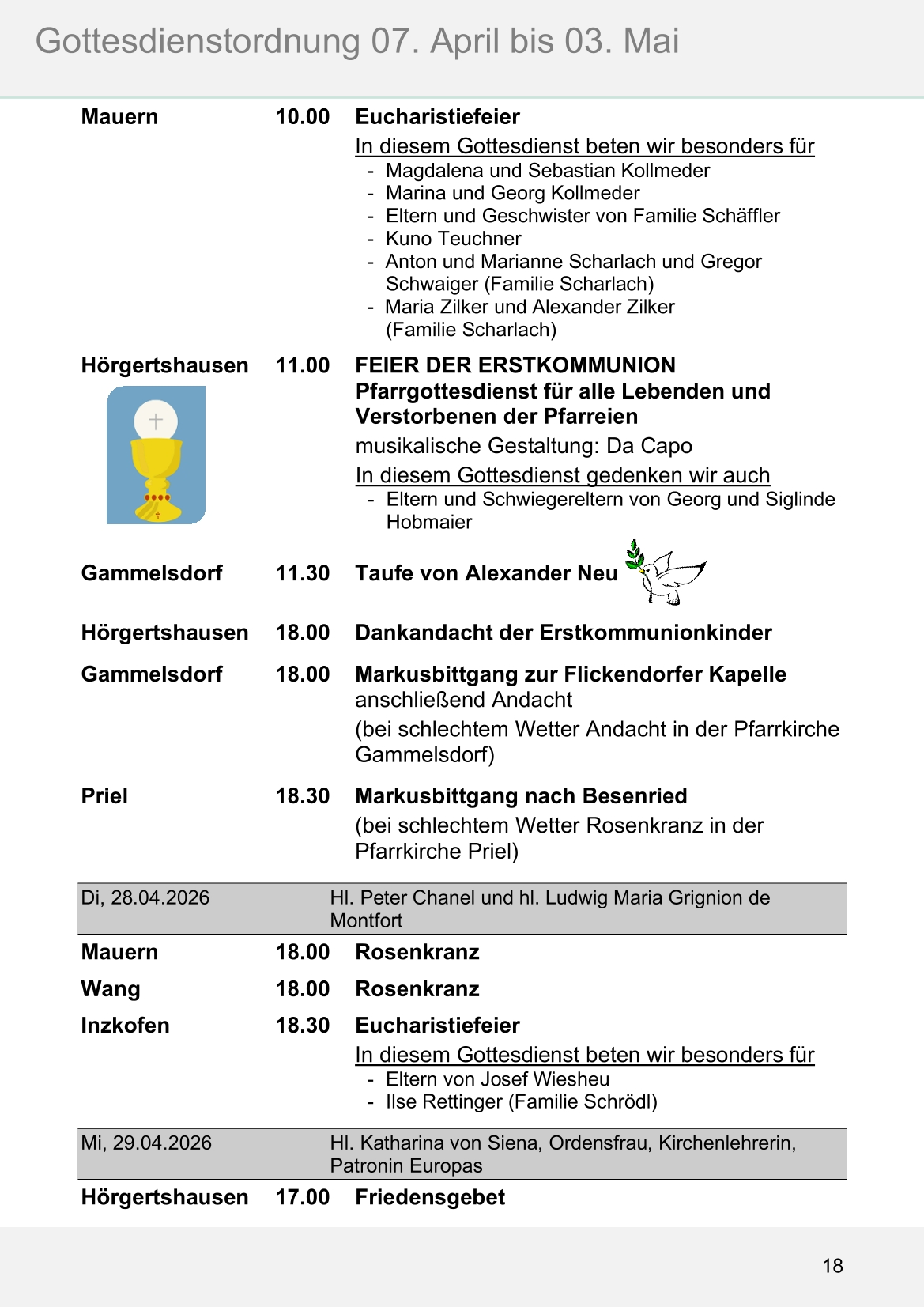 Pfarrblatt für die Pfarrverbände Hörgertshausen-Gammelsdorf und Mauern 04.April bis 03.Mai 2026 Seite 18