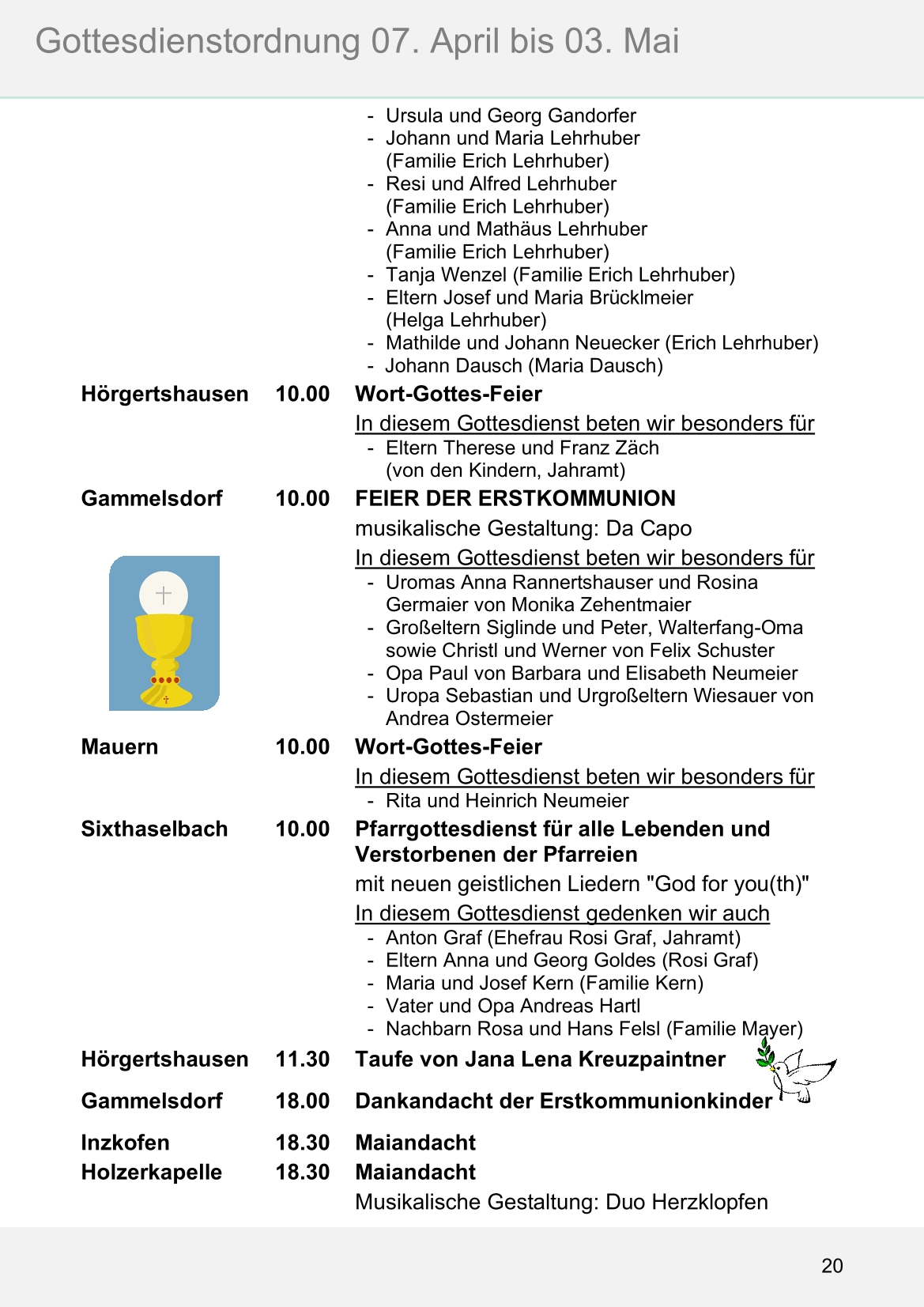 Pfarrblatt für die Pfarrverbände Hörgertshausen-Gammelsdorf und Mauern 04.April bis 03.Mai 2026 Seite 20