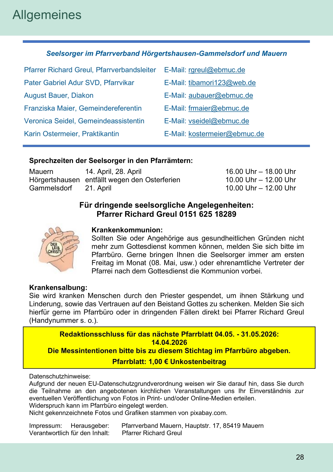 Pfarrblatt für die Pfarrverbände Hörgertshausen-Gammelsdorf und Mauern 04.April bis 03.Mai 2026 Seite 28