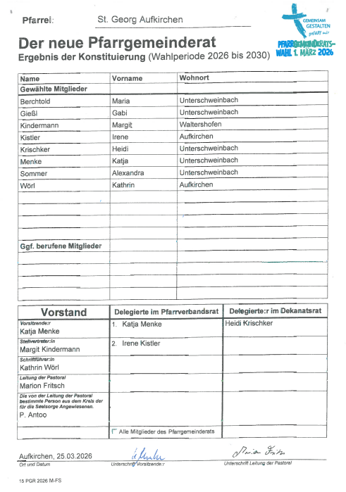 Aushang, Ergebnis, Konstituierende Sitzung Aufkirchen