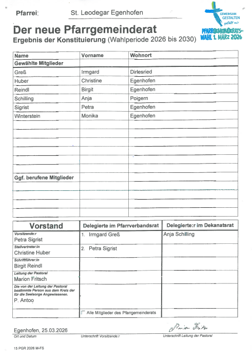 Aushang, Ergebnis, Konstituierende Sitzung, PGR, Egenhofen