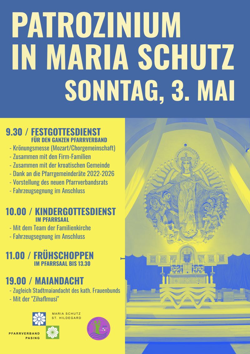 gelb-blaues Plakat mit Hinweisen zum Patrozinium in Maria Schutz. Siehe nebensehend.
