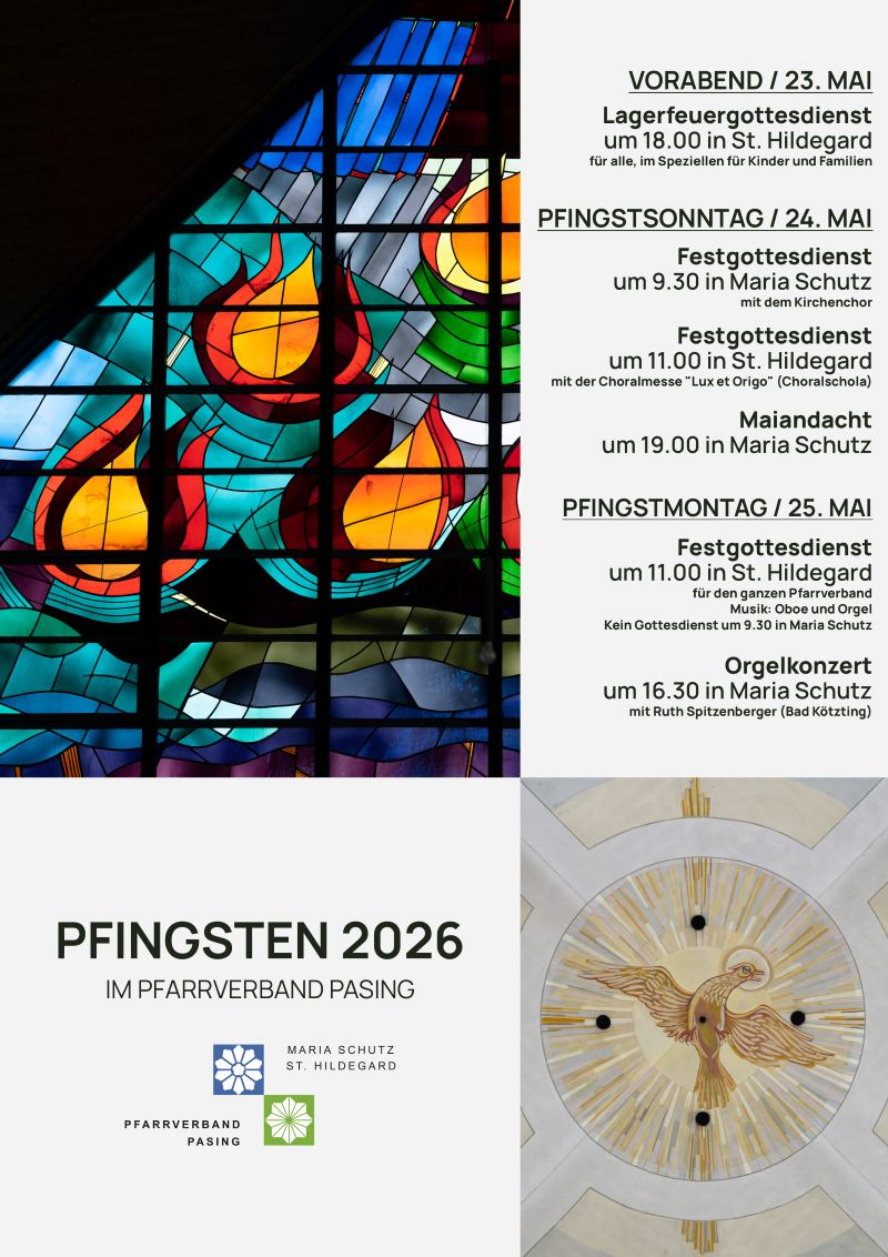 Ausschnitt aus dem Pfingst-Glasfenster von St. Hildegard und Deckenfresko "Pfingsten" aus Maria Schutz. Text nebenstehend.