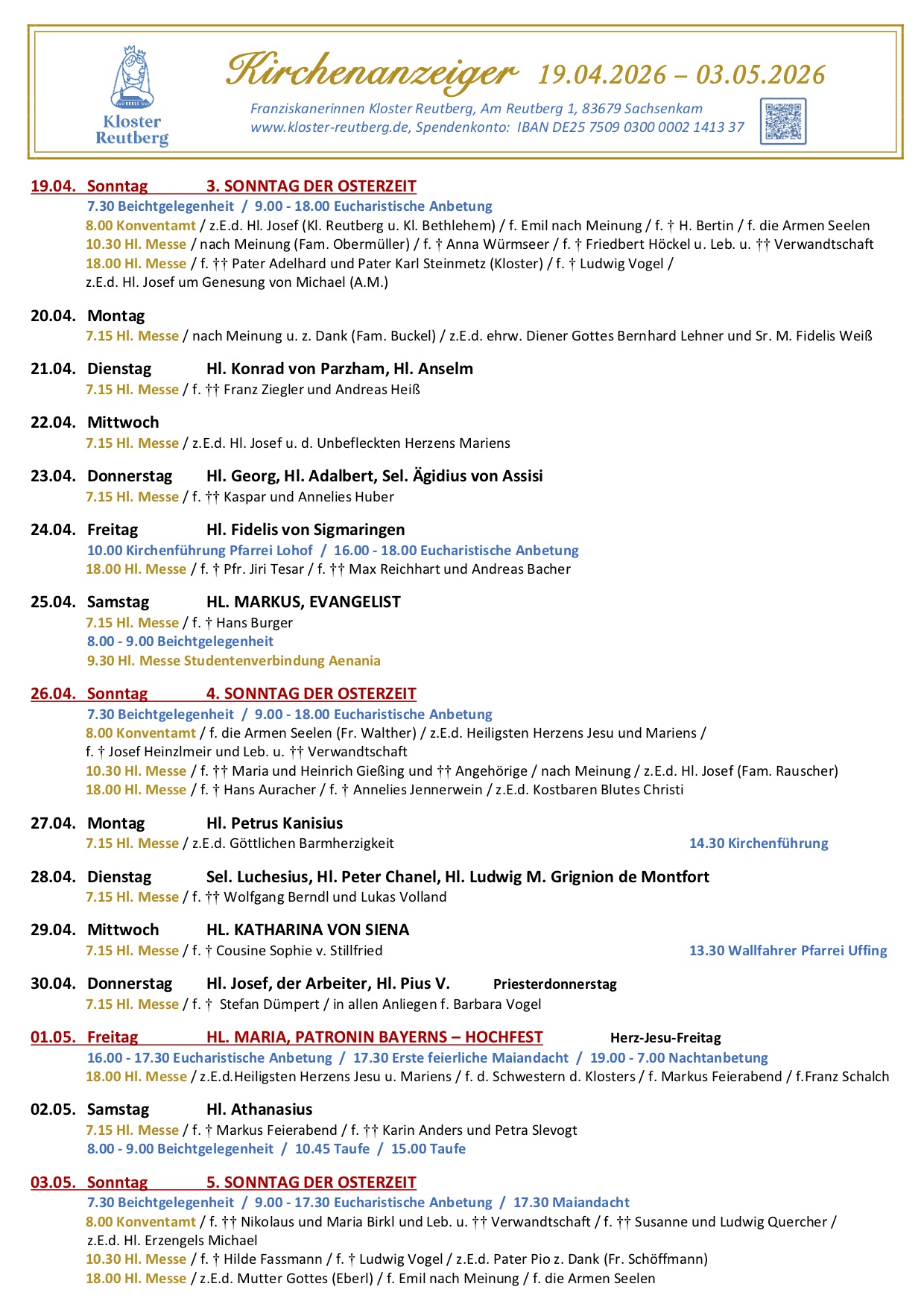 Kirchenzettel Kloster Reutberg April 02 26