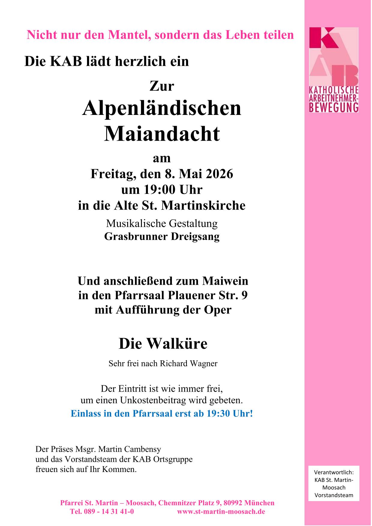 Plakat zur Alpenländischen Maiandacht und zum Maiwein der KAB am 8. Mai 2026