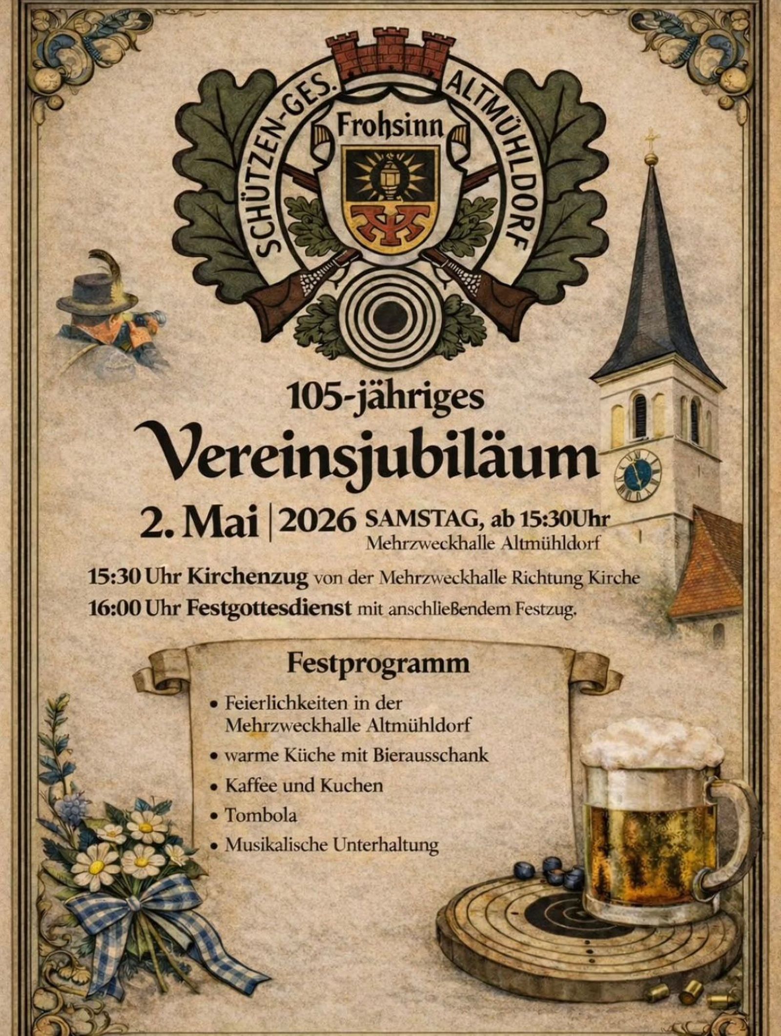 Vereinsjubiläum am 02. Mai 2026<br/>15.30 Uhr Kirchenzug anschl Festgottesdienst