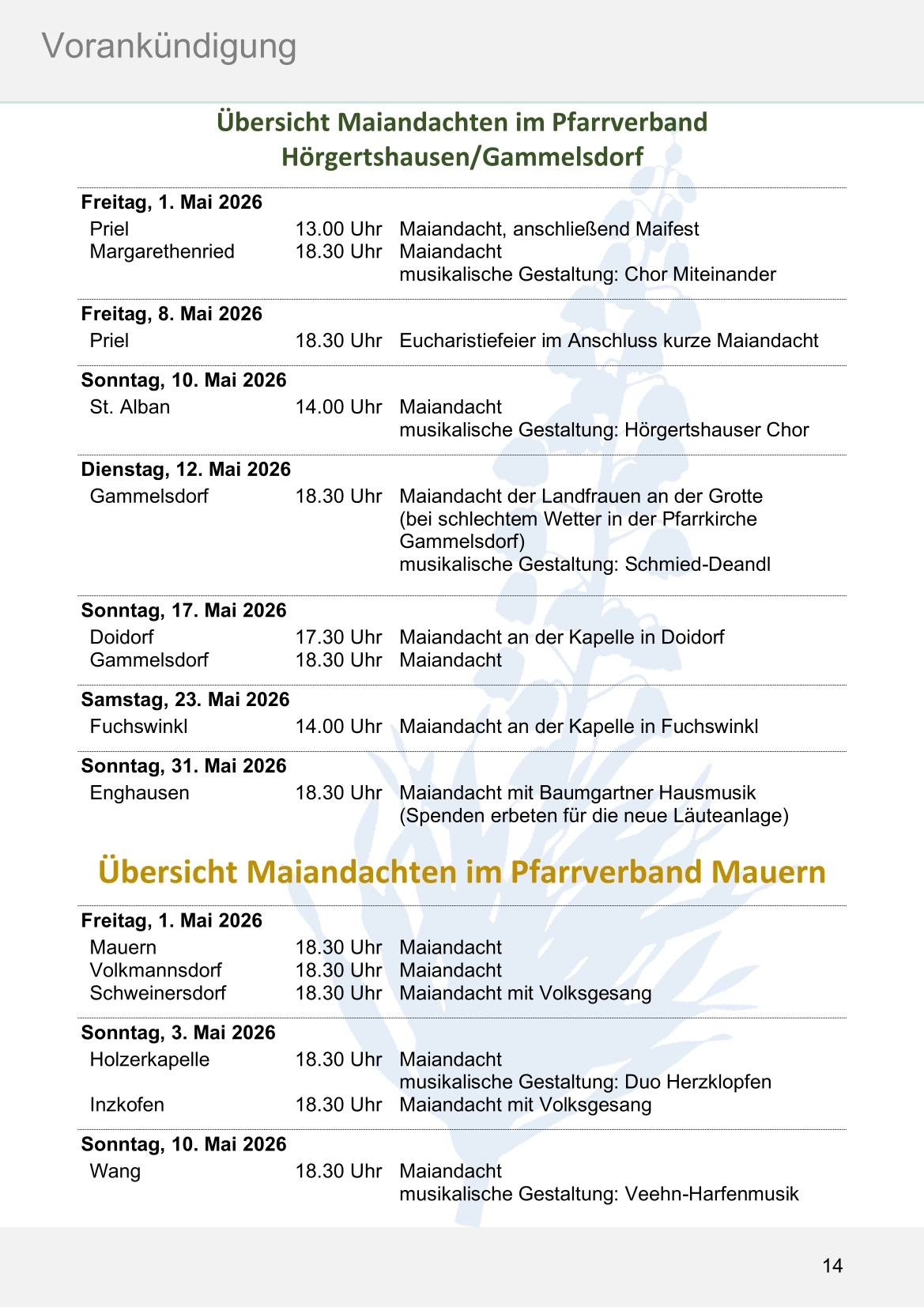 Pfarrblatt für die Pfarrverbände Hörgertshausen-Gammelsdorf und Mauern 04.Mai bis 07.Juni 2026 Seite 14