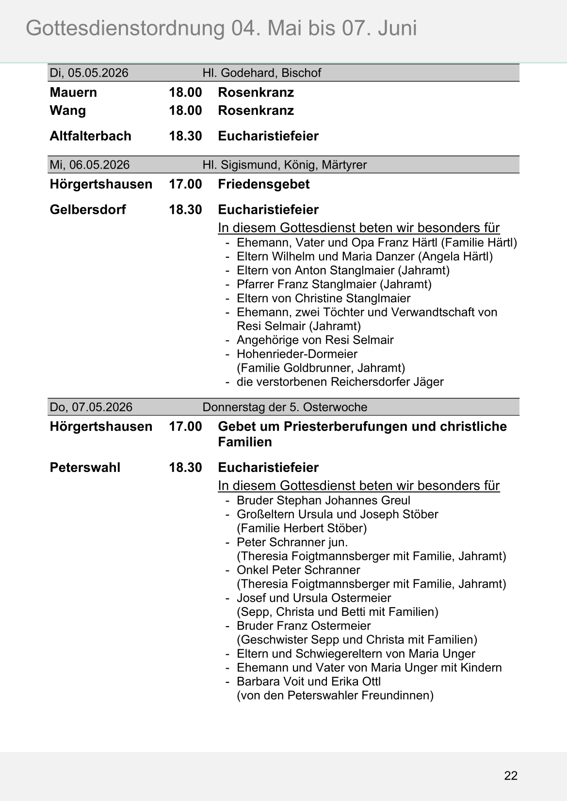 Pfarrblatt für die Pfarrverbände Hörgertshausen-Gammelsdorf und Mauern 04.Mai bis 07.Juni 2026 Seite 22