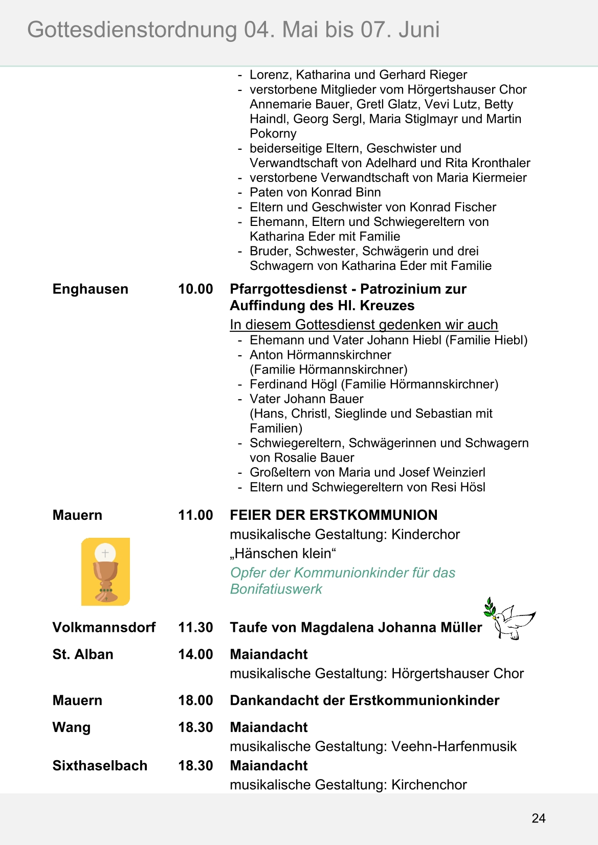 Pfarrblatt für die Pfarrverbände Hörgertshausen-Gammelsdorf und Mauern 04.Mai bis 07.Juni 2026 Seite 24
