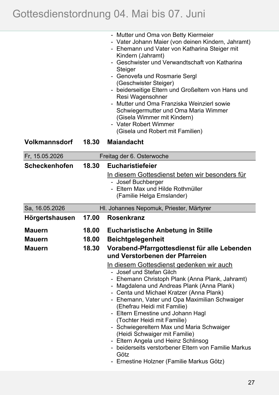 Pfarrblatt für die Pfarrverbände Hörgertshausen-Gammelsdorf und Mauern 04.Mai bis 07.Juni 2026 Seite 27