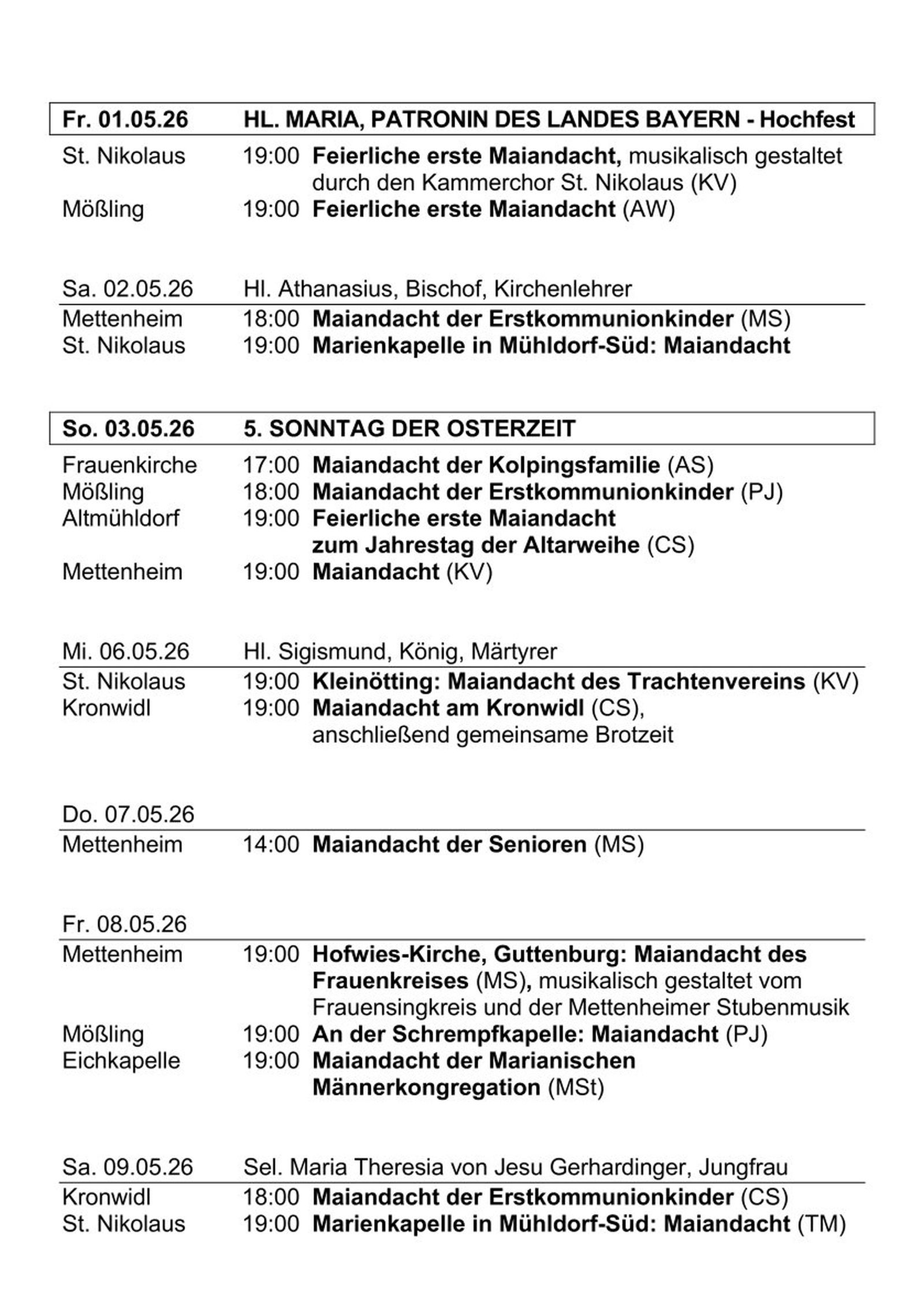 Übersicht der Maiandachten 2026 in der Stadtkirche Mühldorf