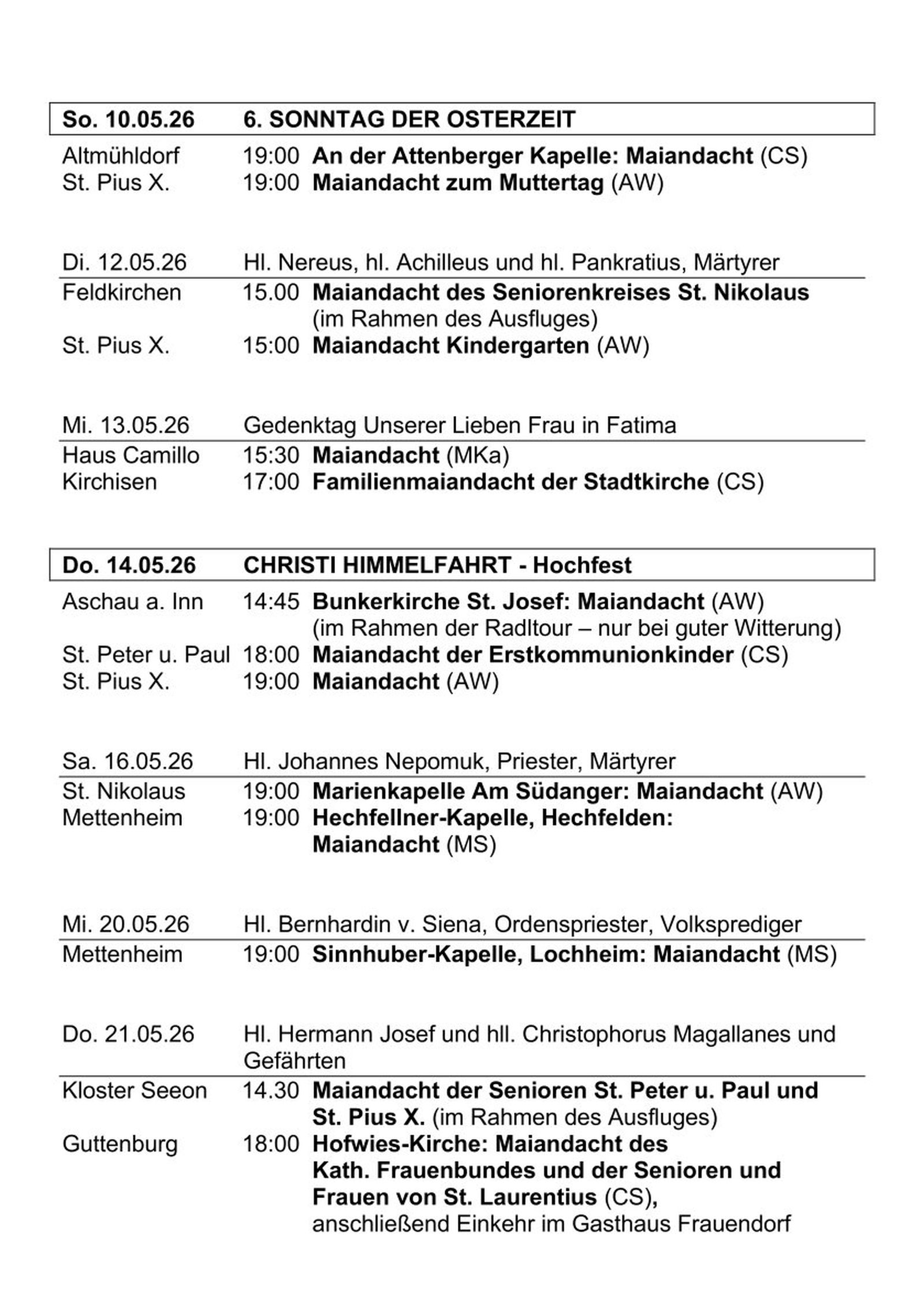 Übersicht der Maiandachten 2026 in der Stadtkirche Mühldorf