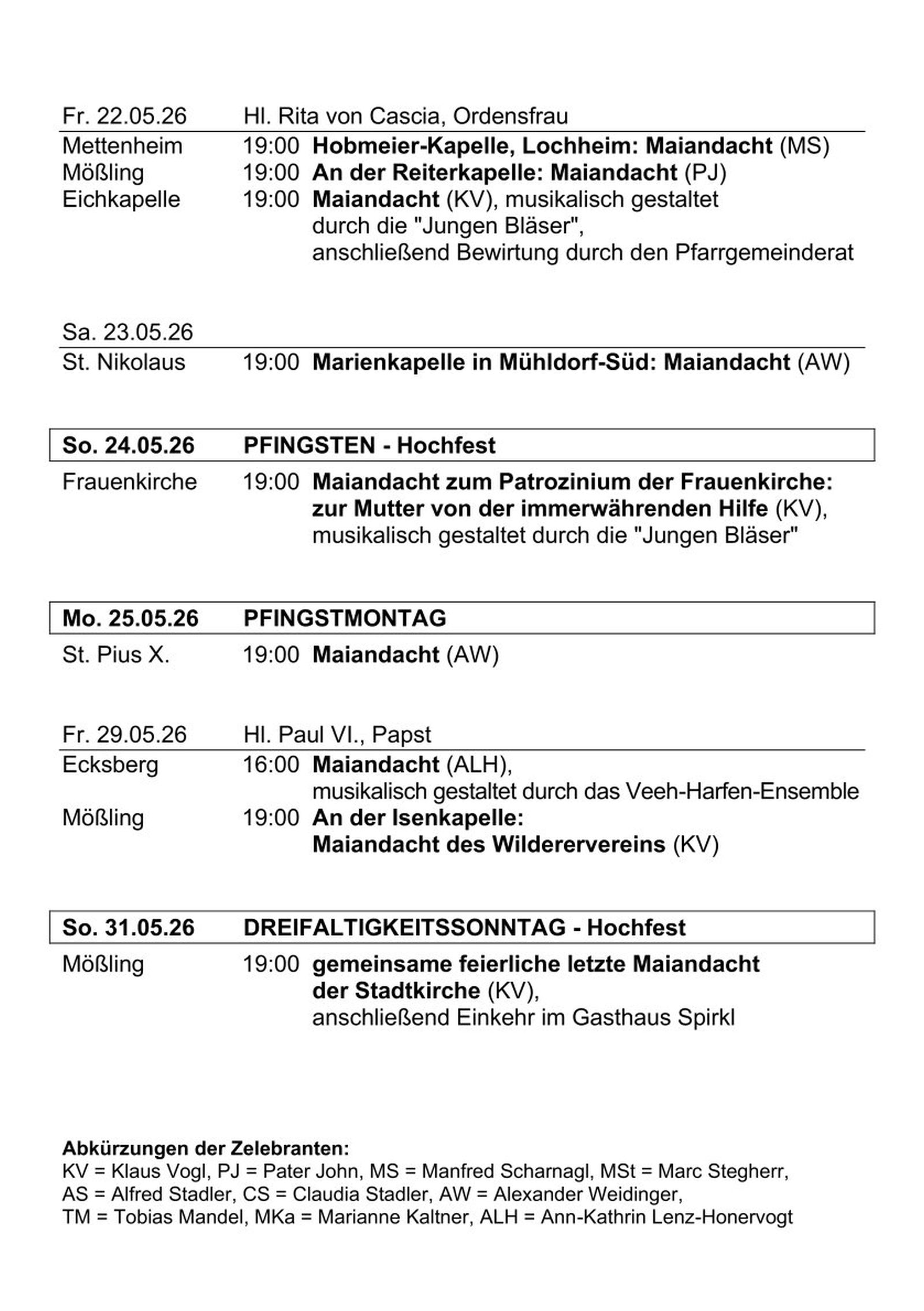 Übersicht der Maiandachten 2026 in der Stadtkirche Mühldorf
