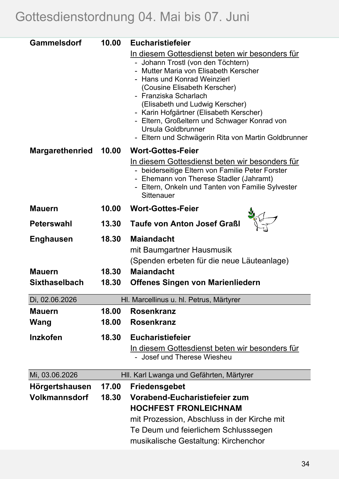 Pfarrblatt für die Pfarrverbände Hörgertshausen-Gammelsdorf und Mauern 04.Mai bis 07.Juni 2026 Seite 34