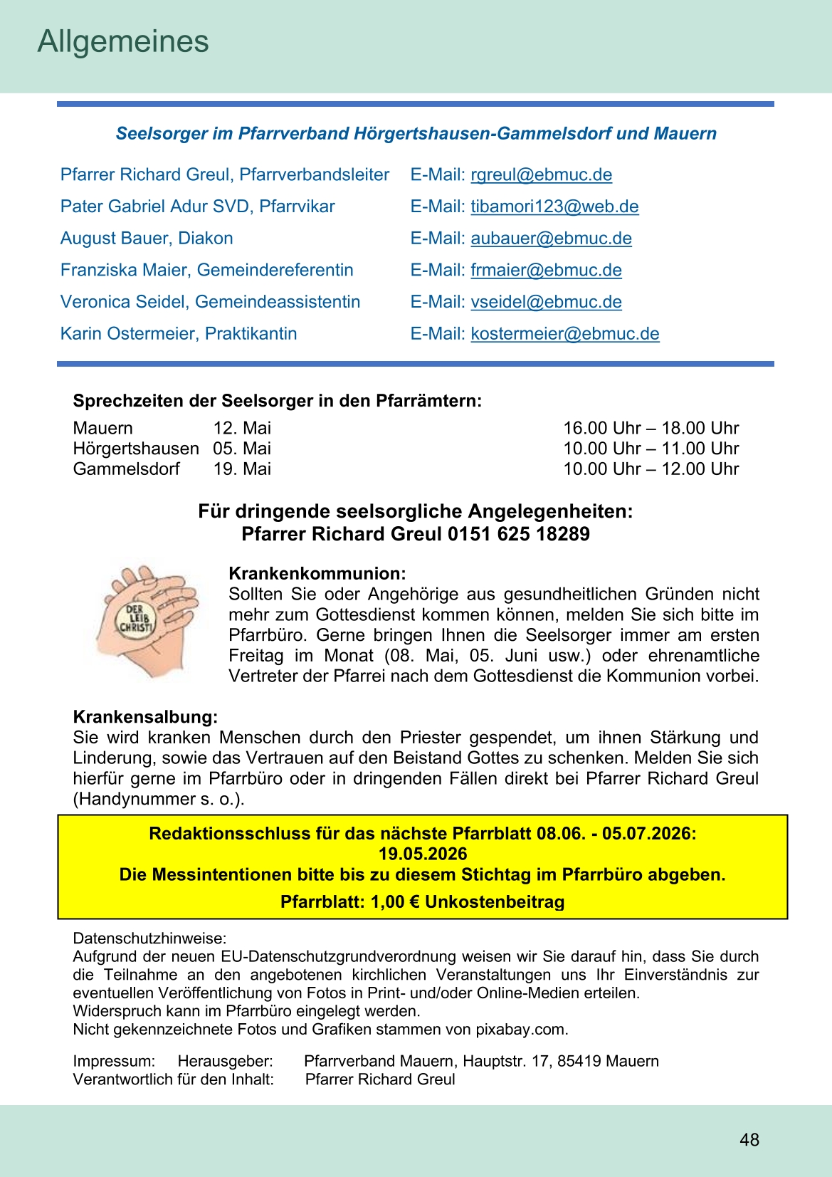 Pfarrblatt für die Pfarrverbände Hörgertshausen-Gammelsdorf und Mauern 04.Mai bis 07.Juni 2026 Seite 48