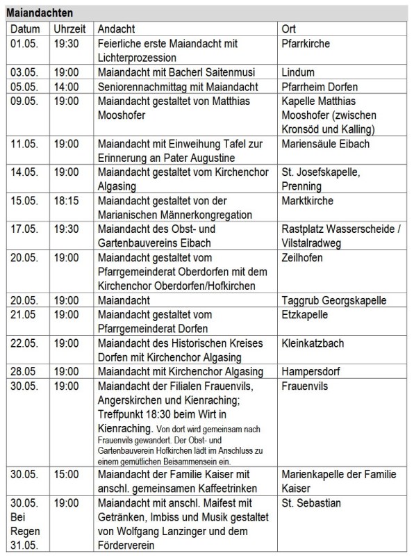 Termine Maiandachten 2026
