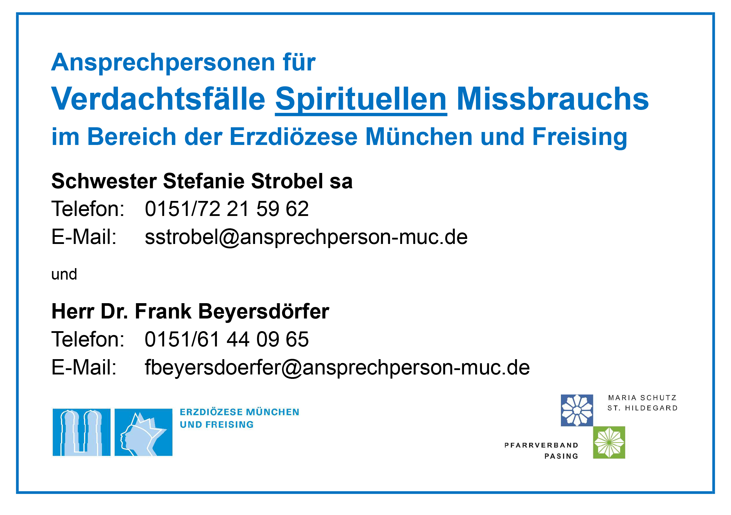 Schild: Ansprechpersonen für Spirituellen Missbrauch