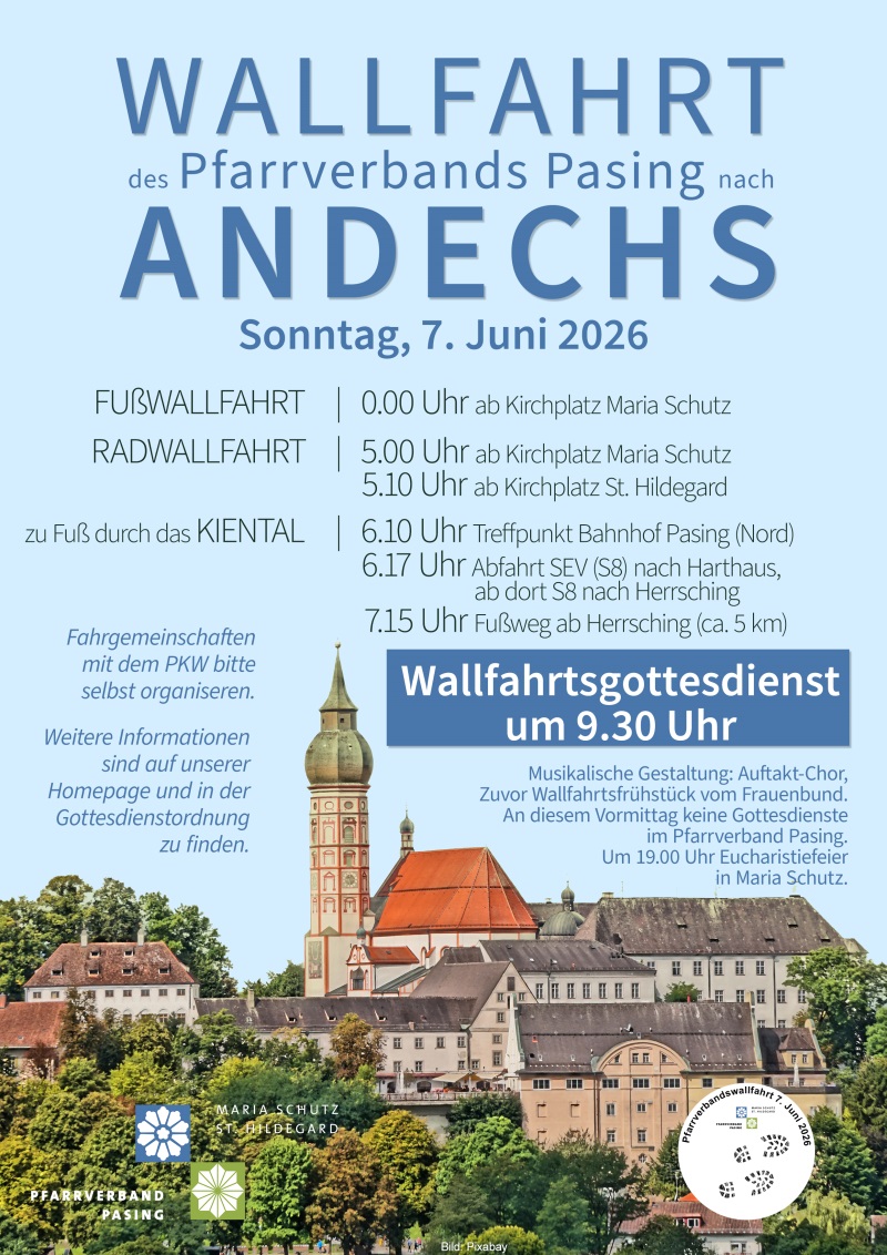 gezichnete Silhouette von Kloster Andechs, Text mit Hinweisen zur Pfarrverbandswallfahrt nebenstehend