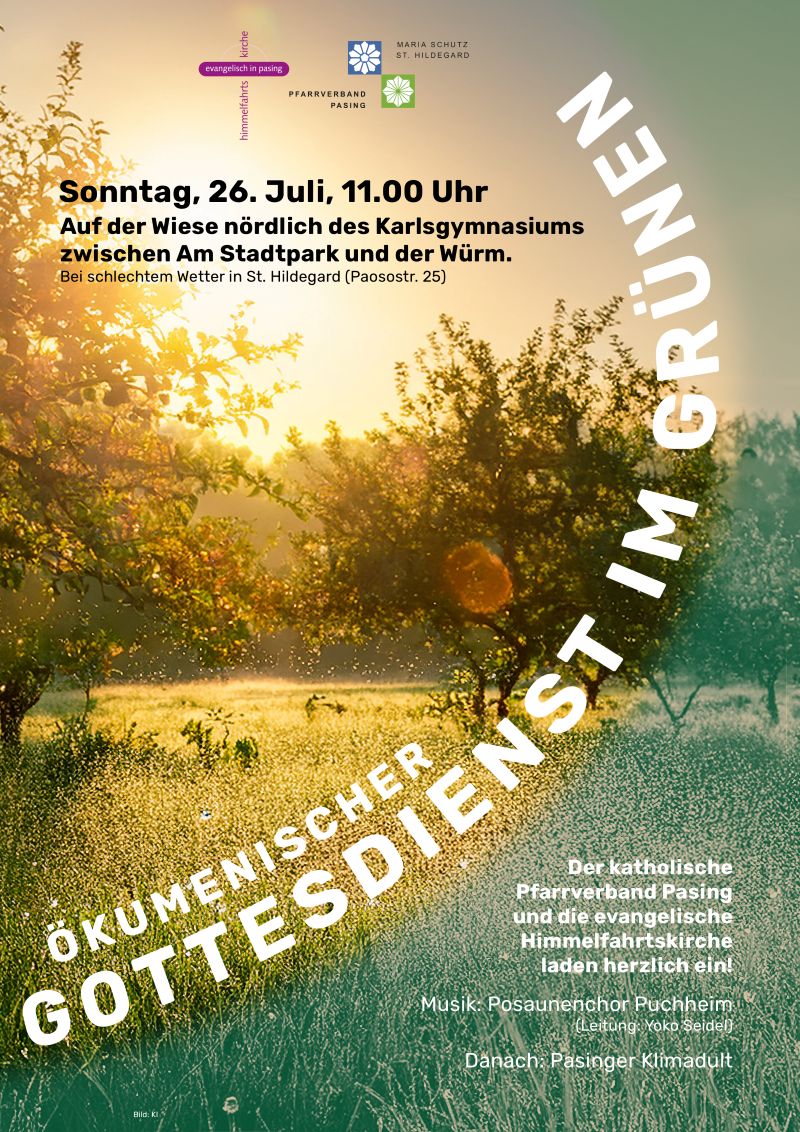 Sommerwiese mit blühenden Bäumen im Gegenlicht, Text nebenstehend