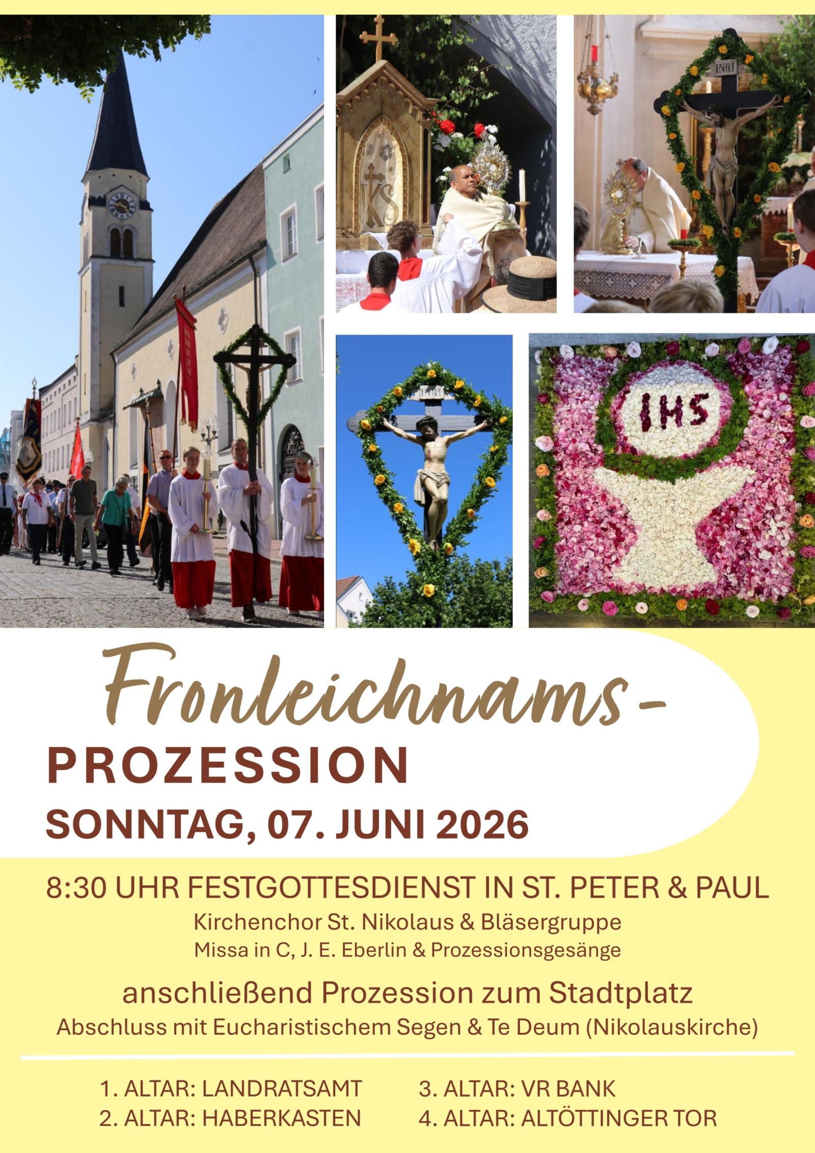 Einladung zur Fronleichnamsprozession am 7. Juni 2026 , 8 Uhr 30, von St. Peter und Paul zum Stadtplatz
