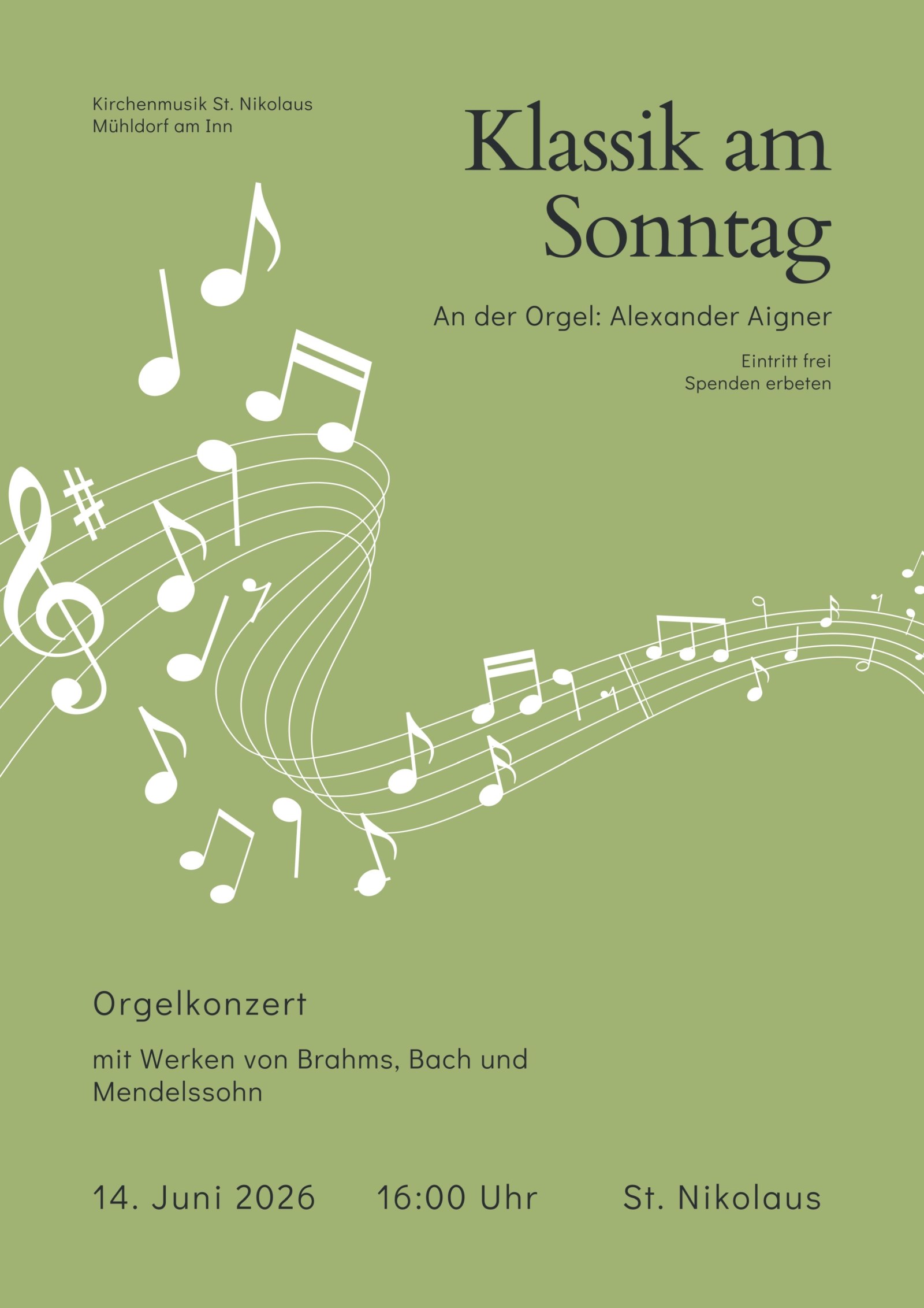 Einladung zum Orgelkonzert am 14. Juni 2026 in St. Nikolaus um 16 Uhr