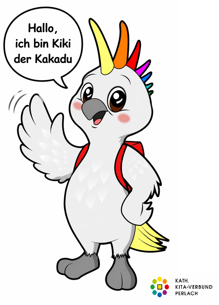 Kiki farbig mit Sprechblase und Logo