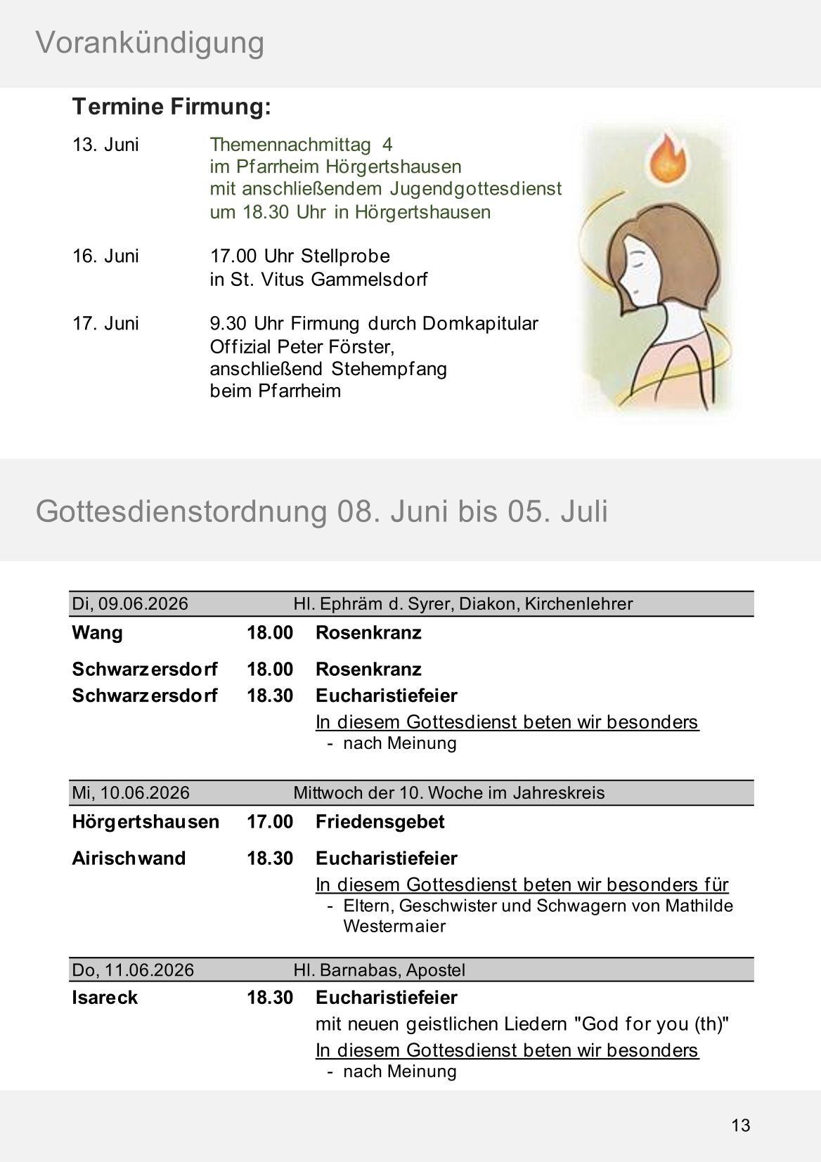 Pfarrblatt für die Pfarrverbände Hörgertshausen-Gammelsdorf und Mauern 08.Juni bis 05.Juli 2026 Seite 13