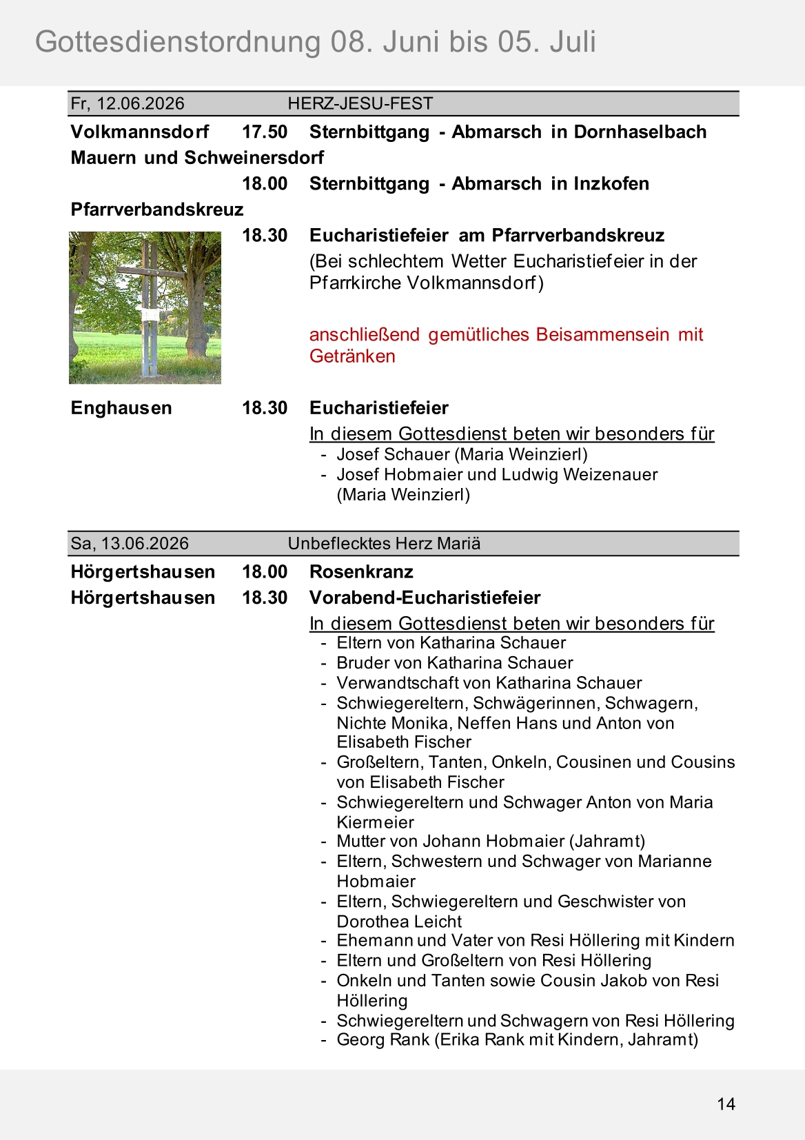 Pfarrblatt für die Pfarrverbände Hörgertshausen-Gammelsdorf und Mauern 08.Juni bis 05.Juli 2026 Seite 14