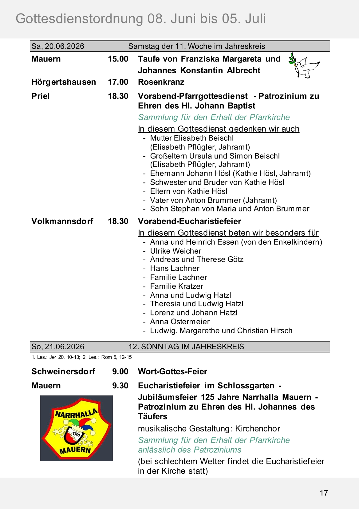Pfarrblatt für die Pfarrverbände Hörgertshausen-Gammelsdorf und Mauern 08.Juni bis 05.Juli 2026 Seite 17