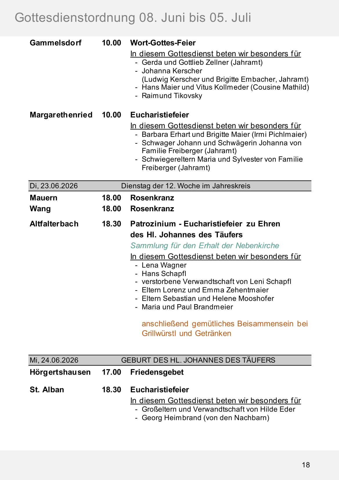 Pfarrblatt für die Pfarrverbände Hörgertshausen-Gammelsdorf und Mauern 08.Juni bis 05.Juli 2026 Seite 18